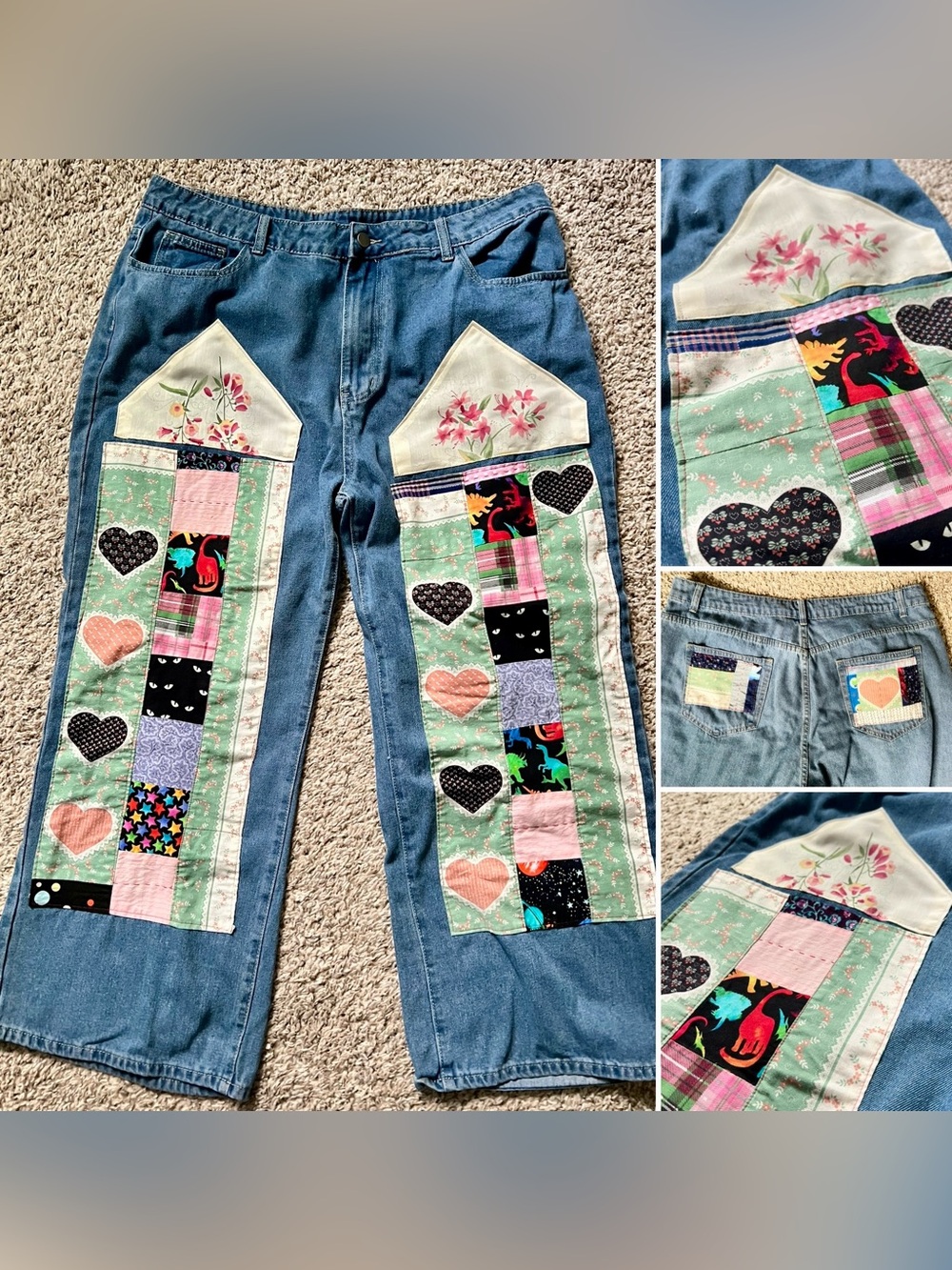 Quilty Patchwork Heart Denim Jeans - Mint & Coral Accents
